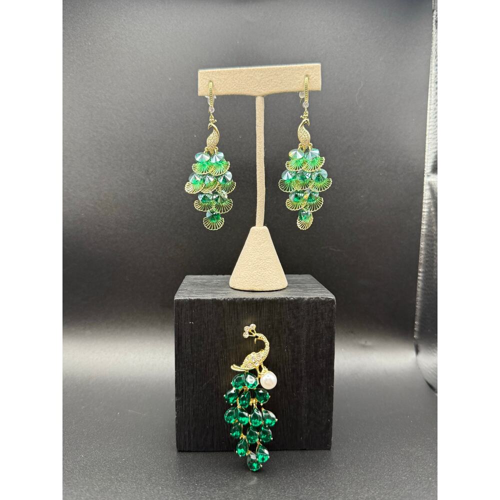 Eye Candy Green Peacock Earrings and Green Peacock Brooch